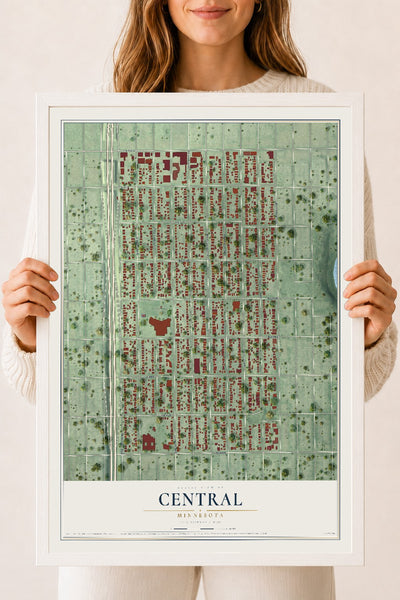 Map of Central, Minnesota, 18 x 24 inch print in a white wood frame