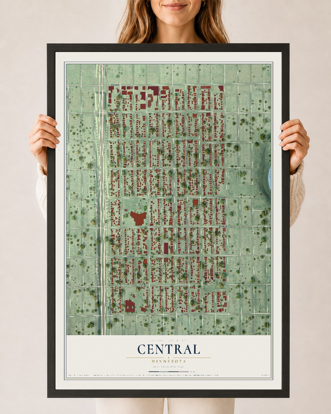 Map of Central, Minnesota, 24 x 36 inch print in a black wood frame