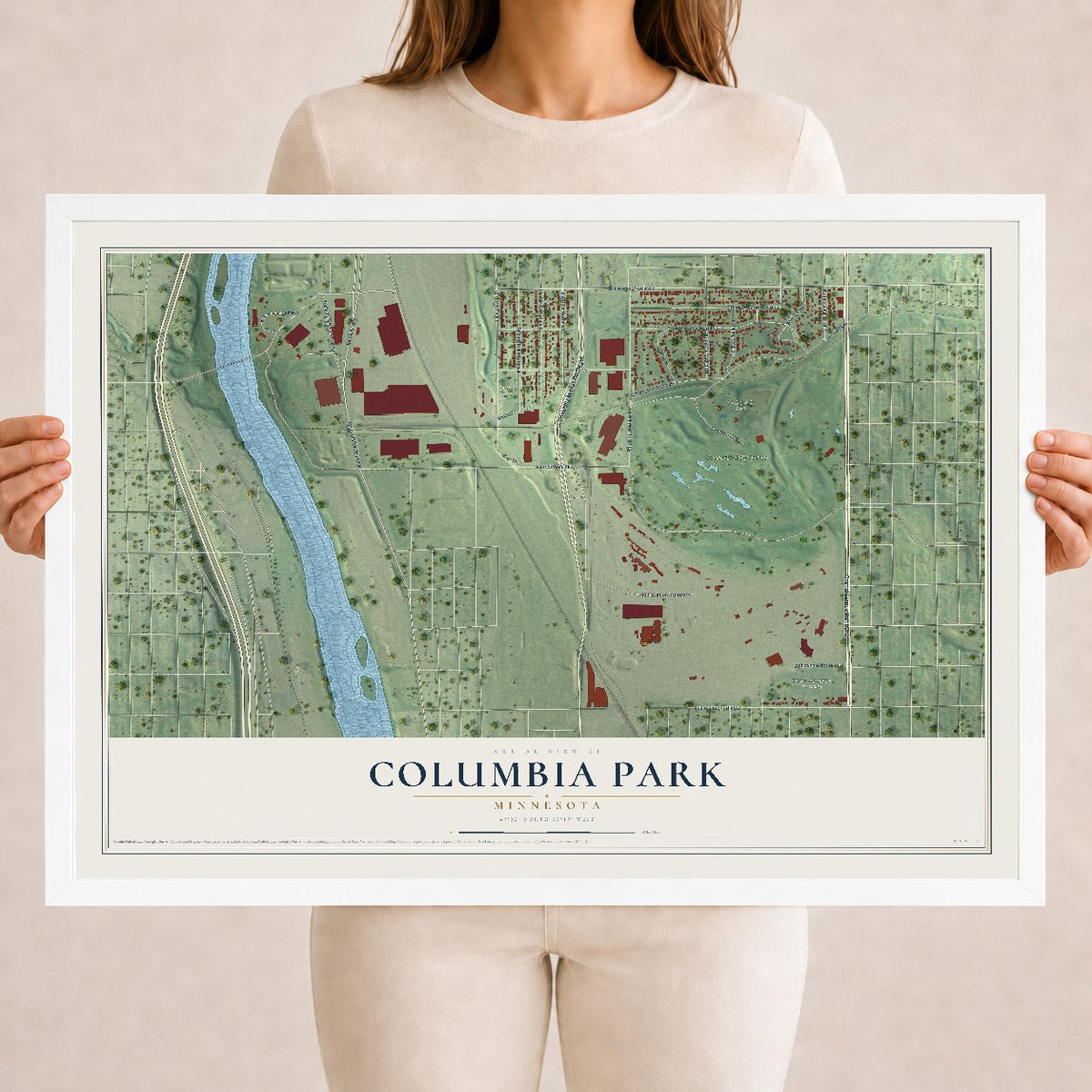 Map of Columbia Park, Minnesota, 18 x 24 inch print in a white wood frame