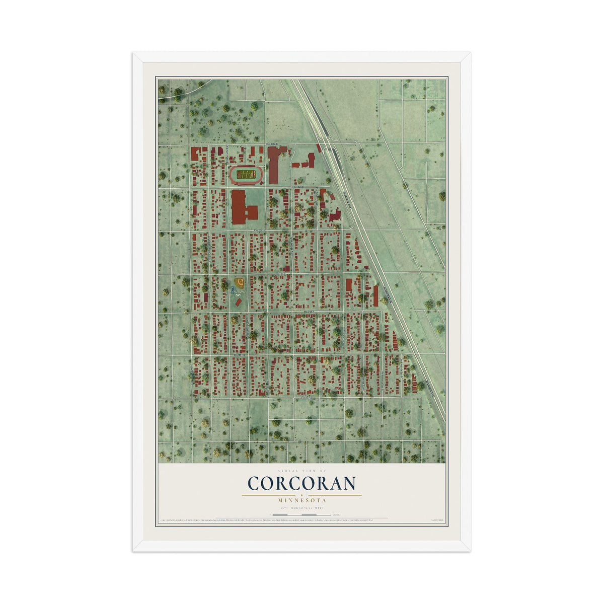 Map of Corcoran, Minneapolis, Minnesota, 12 x 18 inch print in a white wood frame