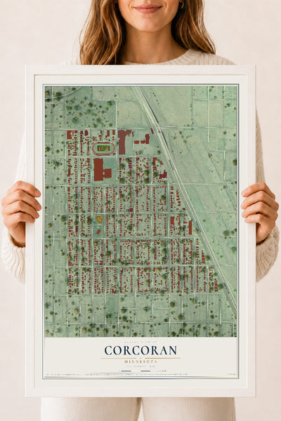 Map of Corcoran, Minneapolis, Minnesota, 18 x 24 inch print in a white wood frame