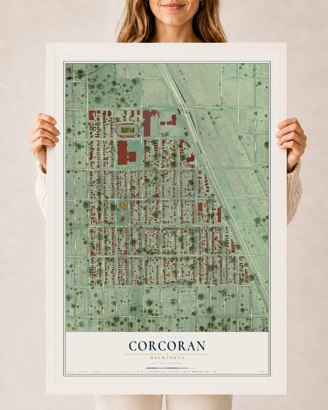 Map of Corcoran, Minneapolis, Minnesota, 24 x 36 inch print in a white wood frame
