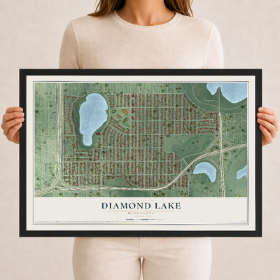 Map of Diamond Lake, Minnesota, 12 x 18 inch print in a black wood frame