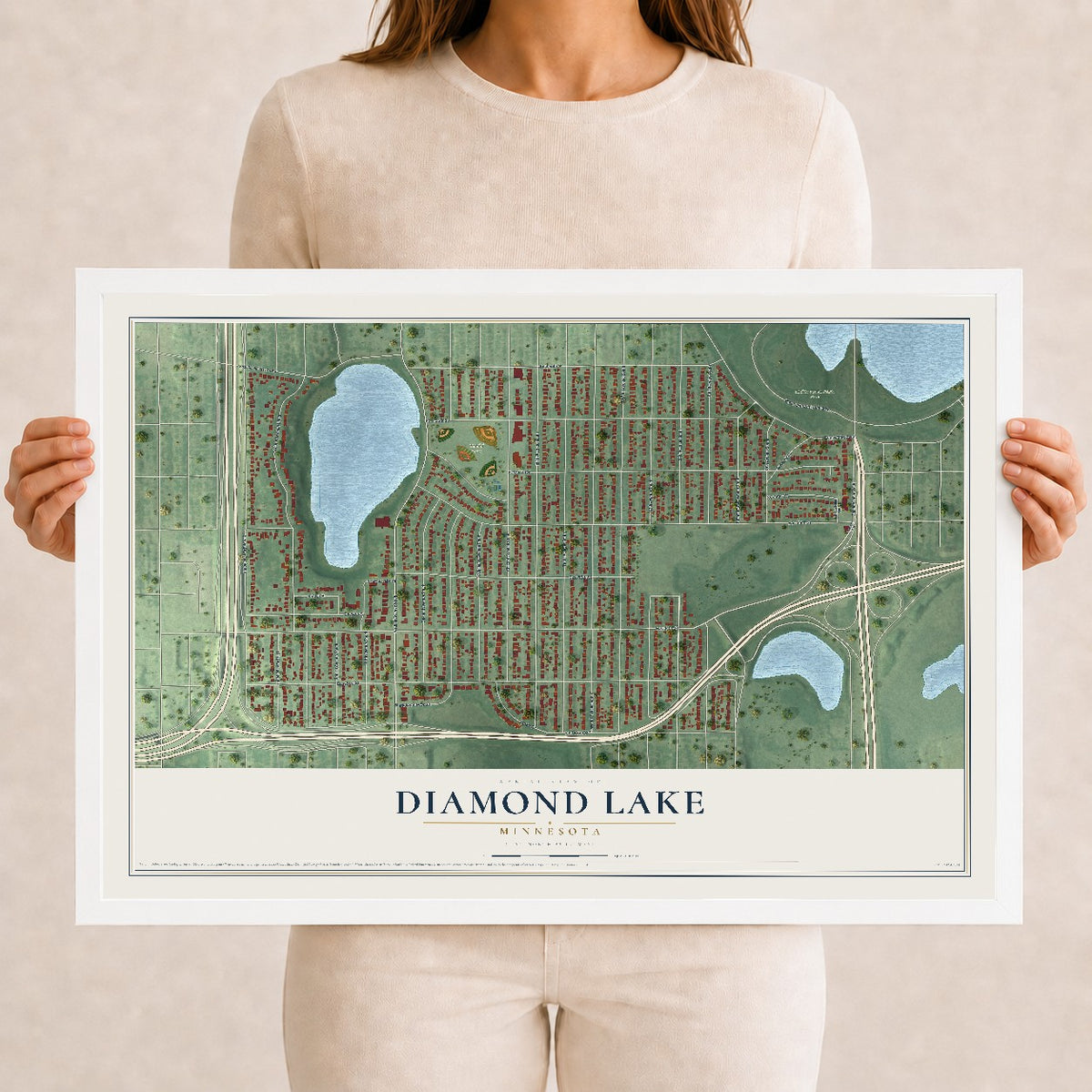 Map of Diamond Lake, Minnesota, 12 x 18 inch print in a white wood frame