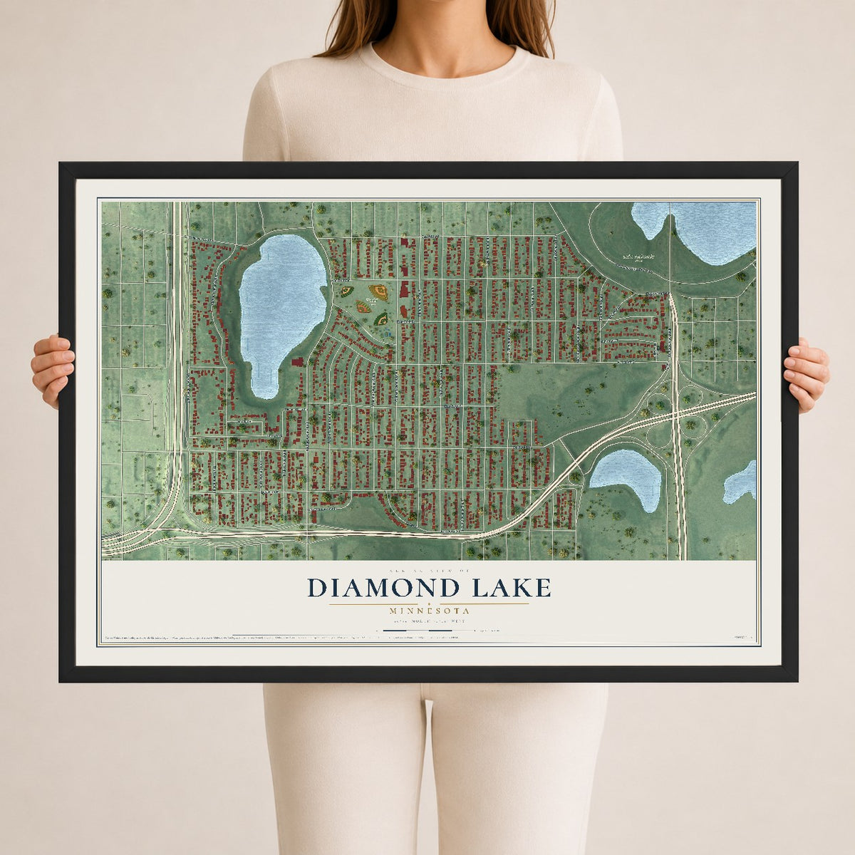 Map of Diamond Lake, Minnesota, 24 x 36 inch print in a black wood frame