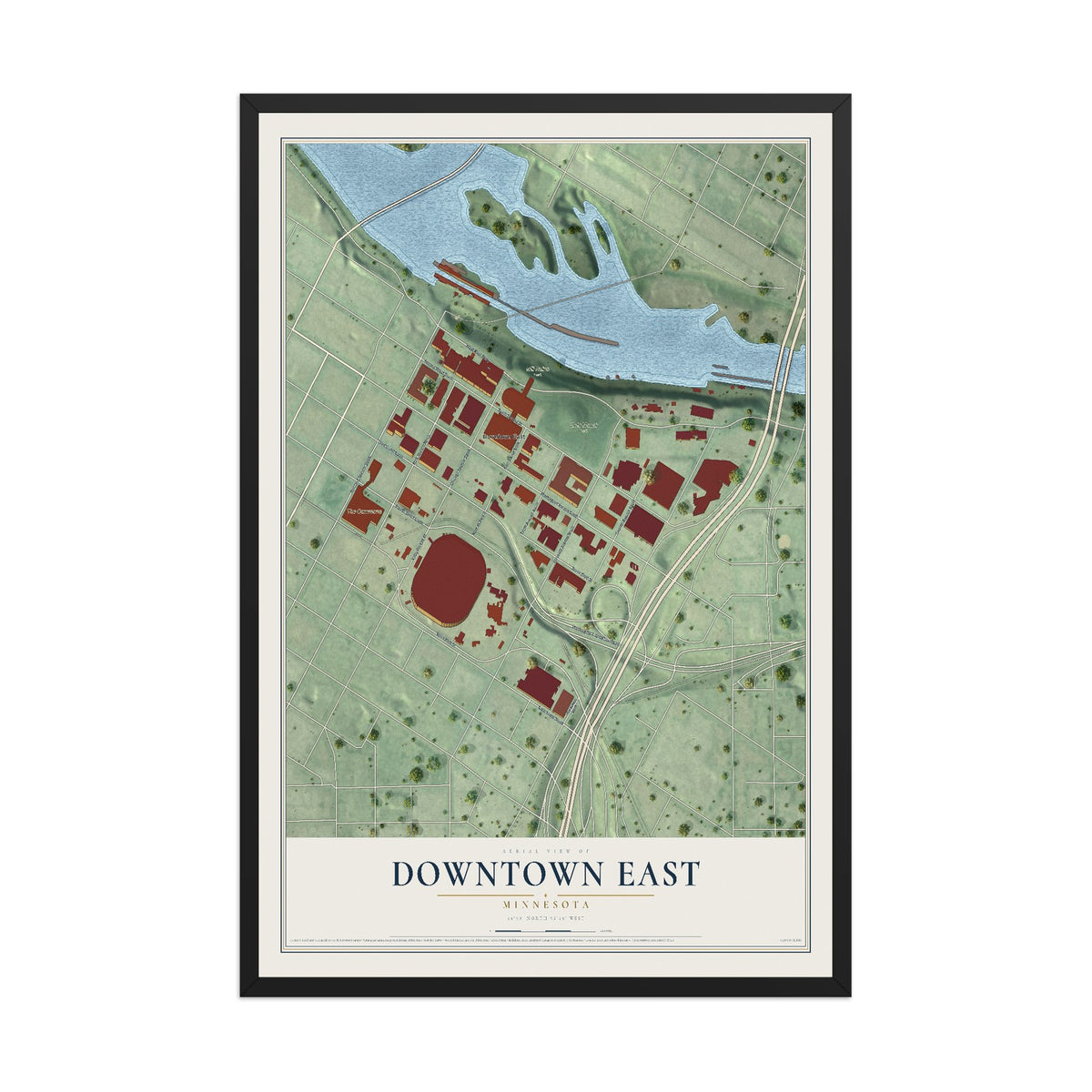 Map of Downtown East, Minnesota, 12 x 18 inch print in a black wood frame