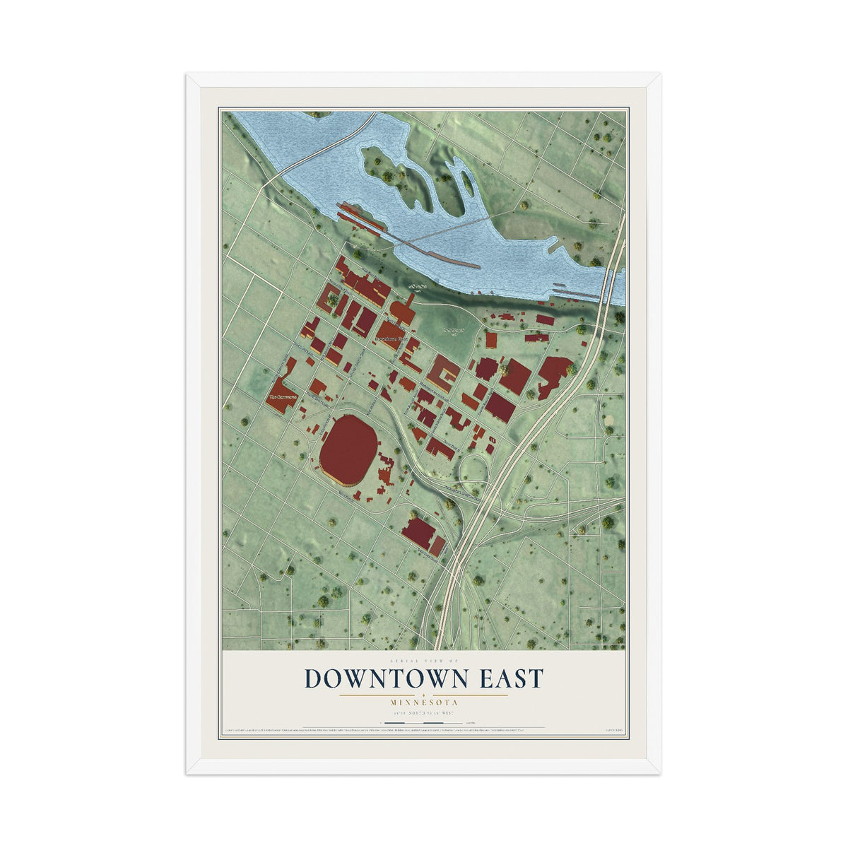 Map of Downtown East, Minnesota, 12 x 18 inch print in a white wood frame