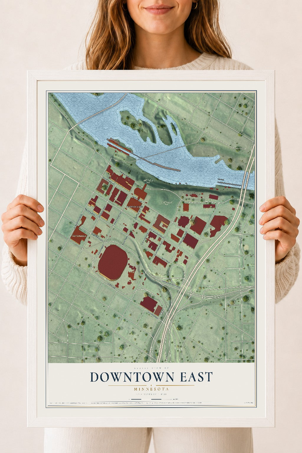 Map of Downtown East, Minnesota, 18 x 24 inch print in a white wood frame
