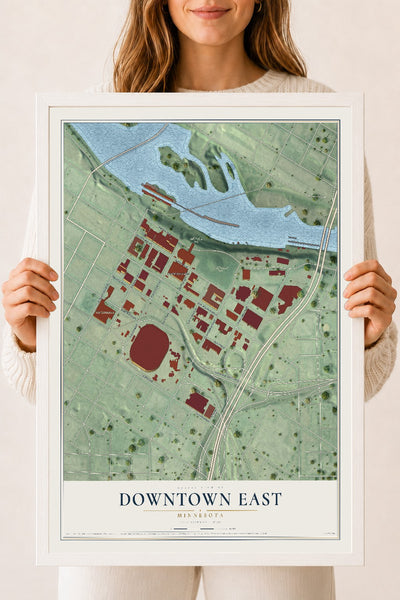 Map of Downtown East, Minnesota, 18 x 24 inch print in a white wood frame