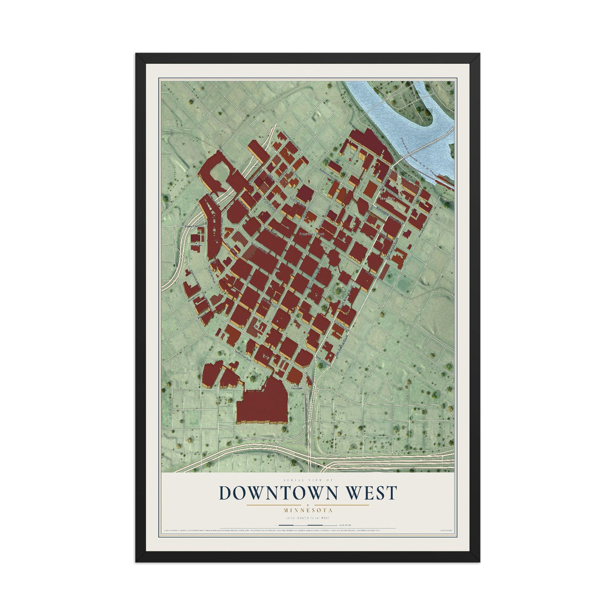 Map of Downtown West, Minnesota, 12 x 18 inch print in a black wood frame