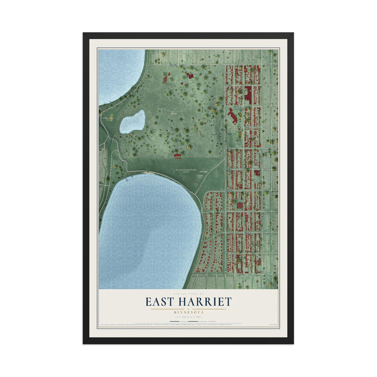 Map of East Harriet, Minnesota, 12 x 18 inch print in a black wood frame