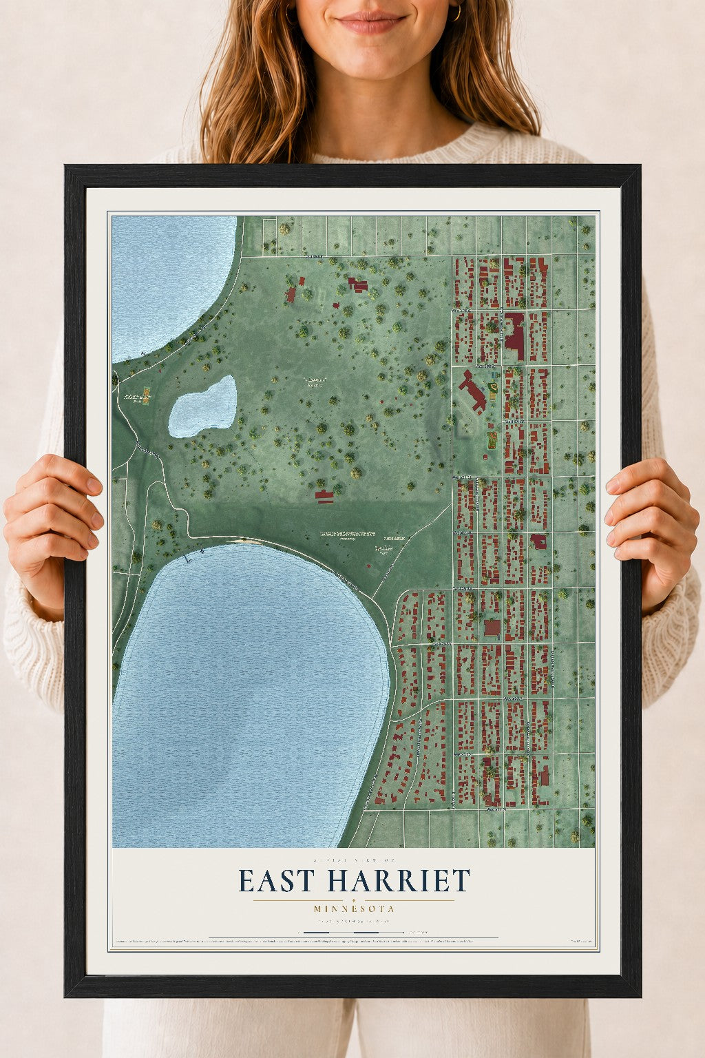 Map of East Harriet, Minnesota, 18 x 24 inch print in a black wood frame