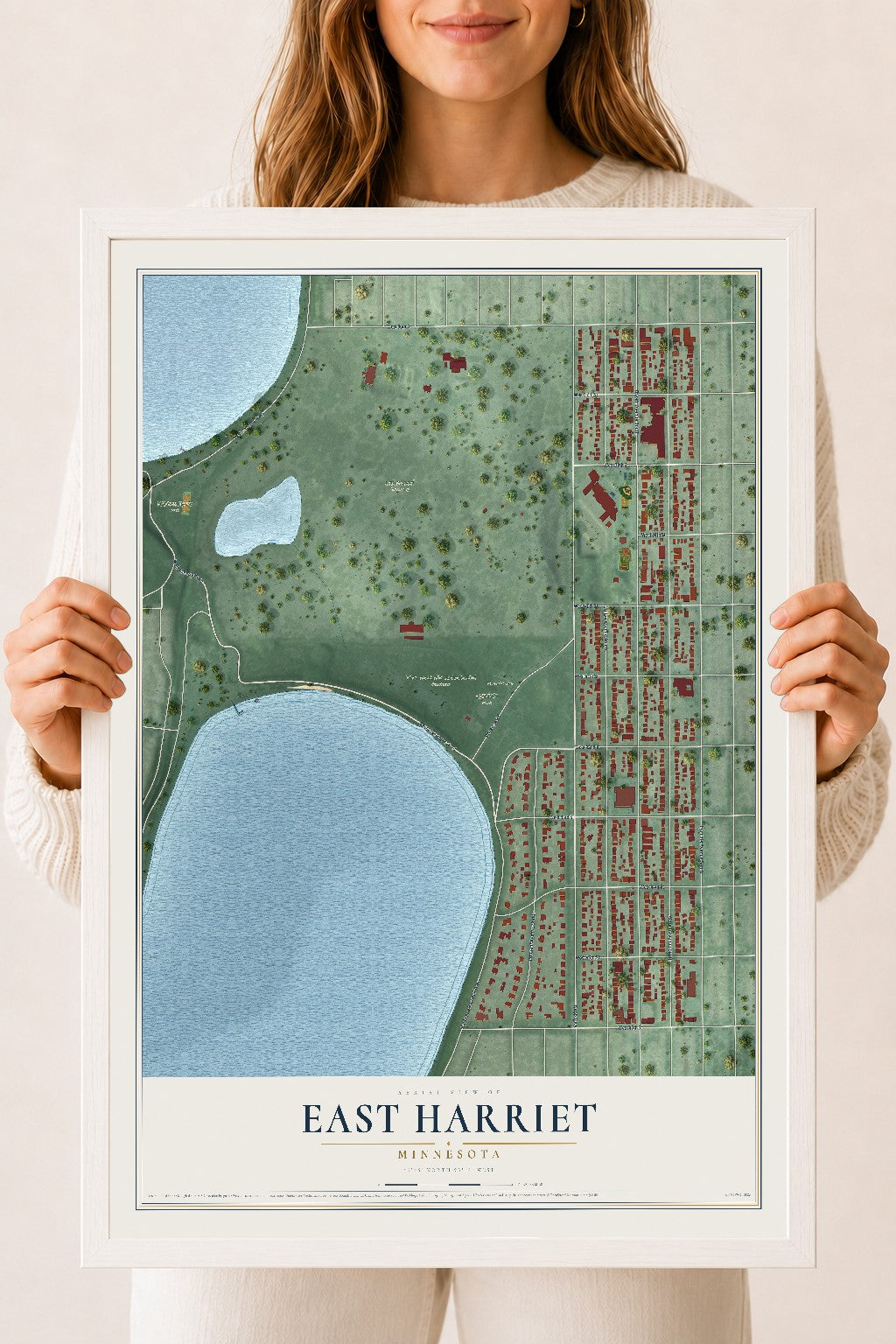 Map of East Harriet, Minnesota, 18 x 24 inch print in a white wood frame