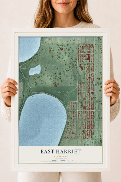 Map of East Harriet, Minnesota, 18 x 24 inch print in a white wood frame