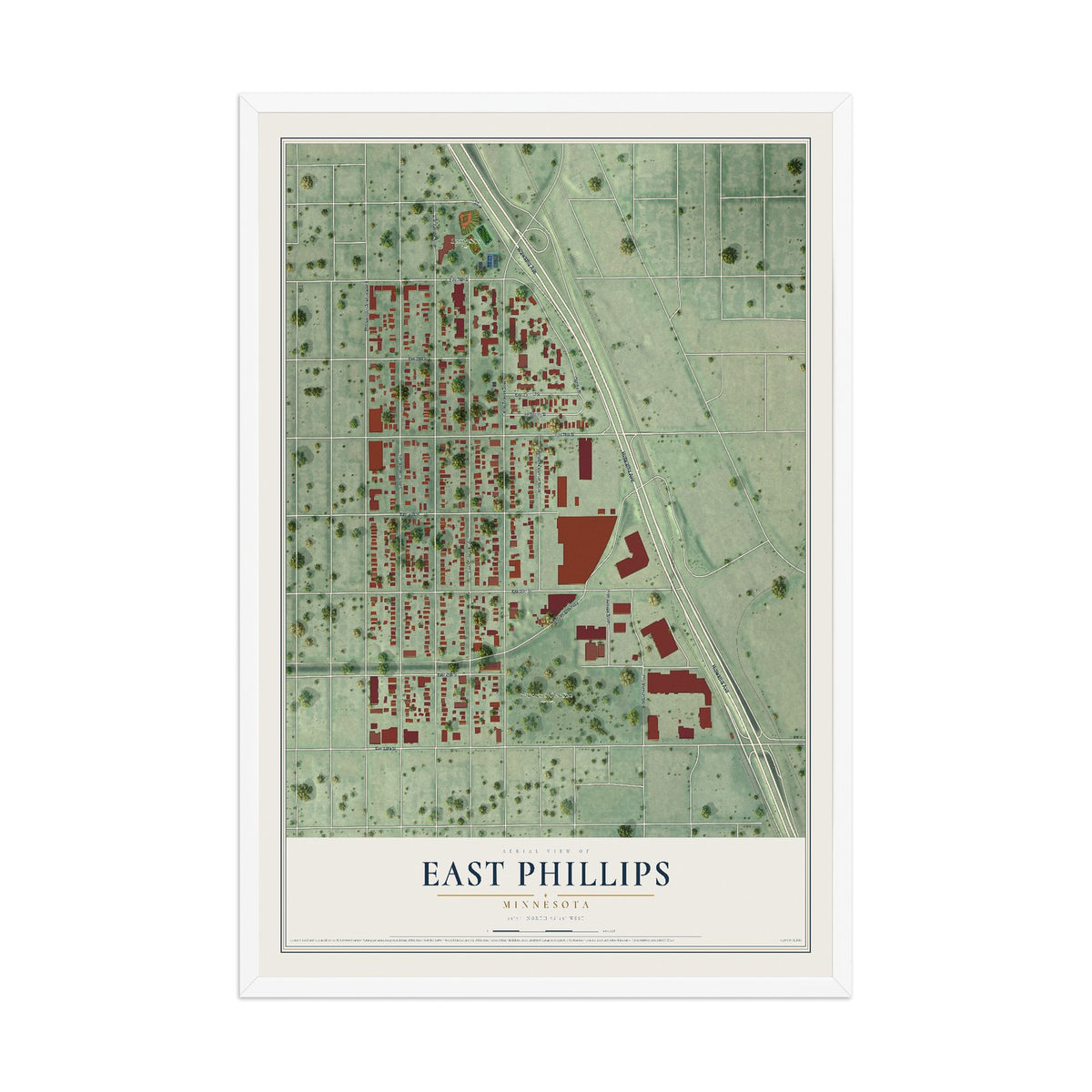 Map of East Phillips, Minnesota, 12 x 18 inch print in a white wood frame