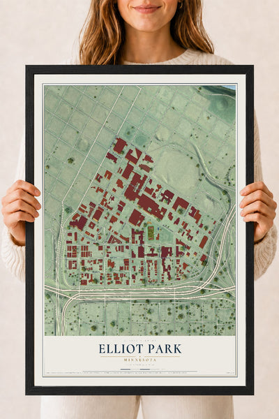 Map of Elliot Park, Minnesota, 18 x 24 inch print in a black wood frame
