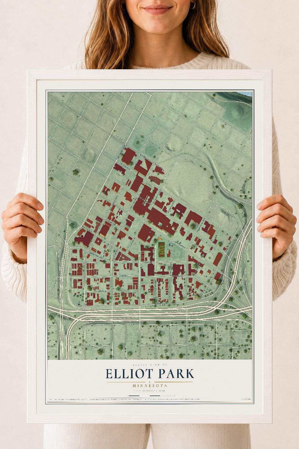 Map of Elliot Park, Minnesota, 18 x 24 inch print in a white wood frame