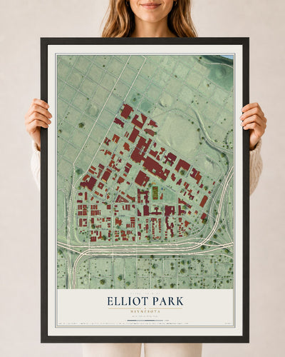 Map of Elliot Park, Minnesota, 24 x 36 inch print in a black wood frame