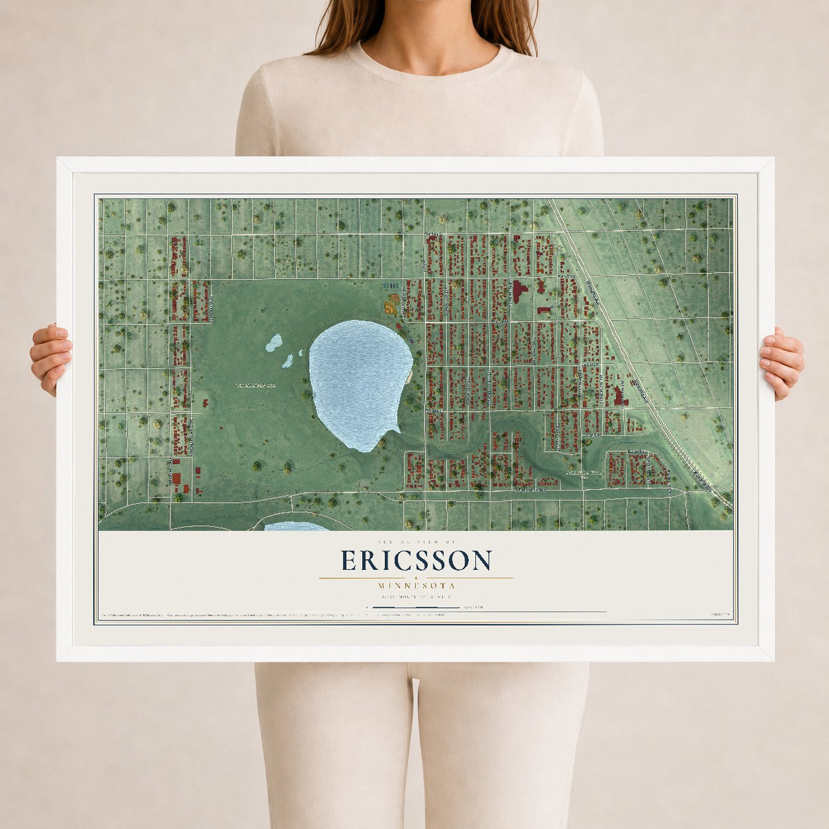 Map of Ericsson, Minnesota, 24 x 36 inch print in a white wood frame