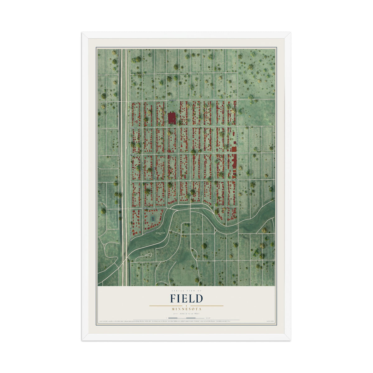 Map of Field, Minnesota, 12 x 18 inch print in a white wood frame