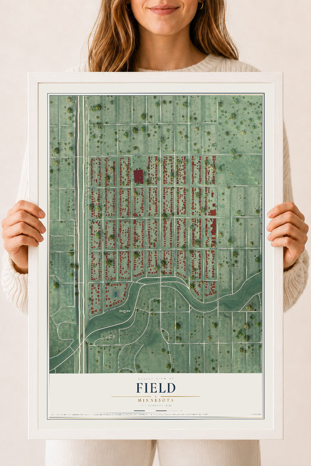 Map of Field, Minnesota, 18 x 24 inch print in a white wood frame