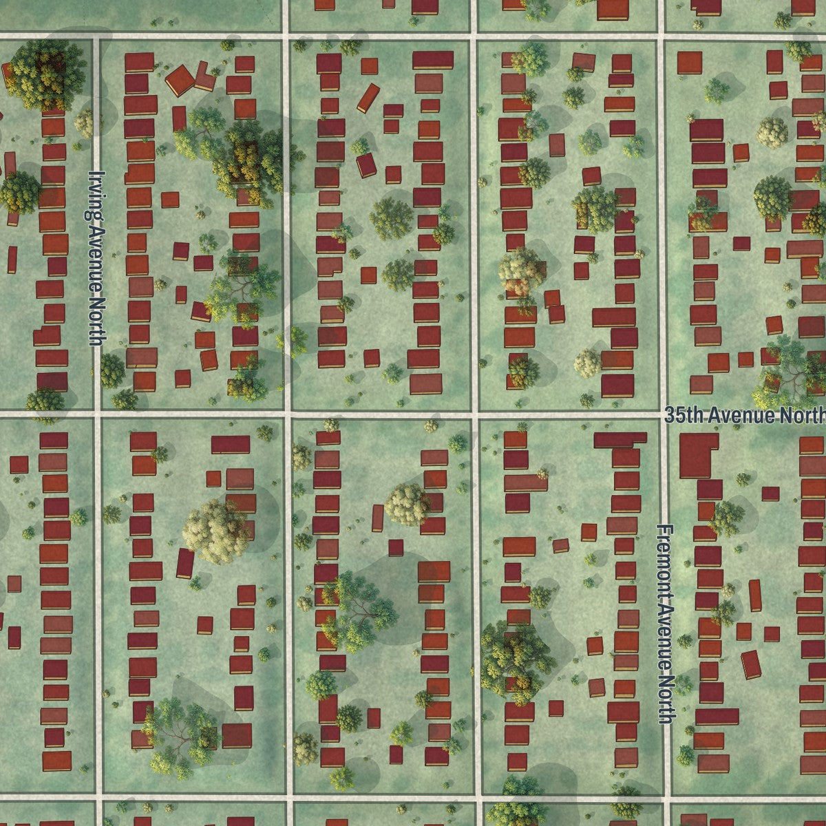 Close-up of the map of Folwell, Minnesota print showing street and building detail