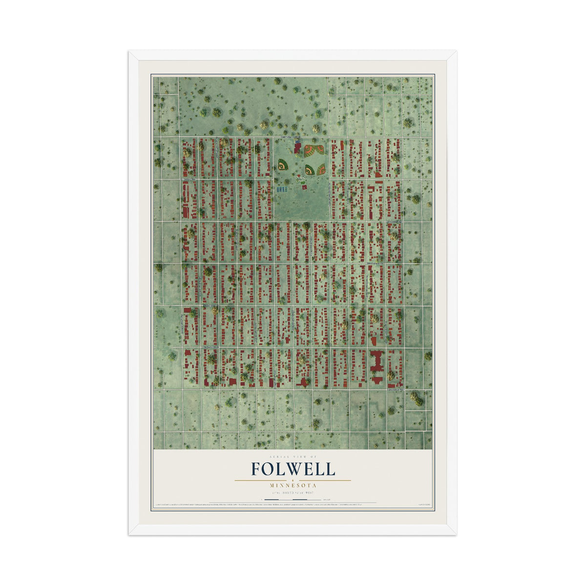 Map of Folwell, Minnesota, 12 x 18 inch print in a white wood frame