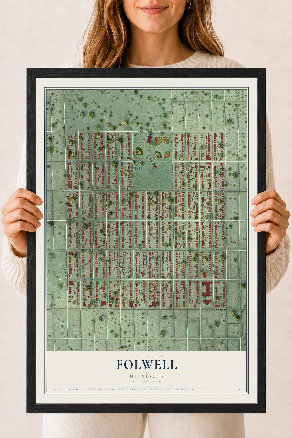 Map of Folwell, Minnesota, 18 x 24 inch print in a black wood frame