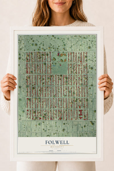 Map of Folwell, Minnesota, 18 x 24 inch print in a white wood frame