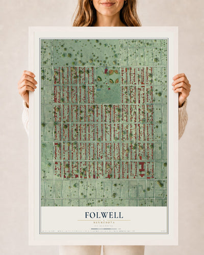 Map of Folwell, Minnesota, 24 x 36 inch print in a white wood frame