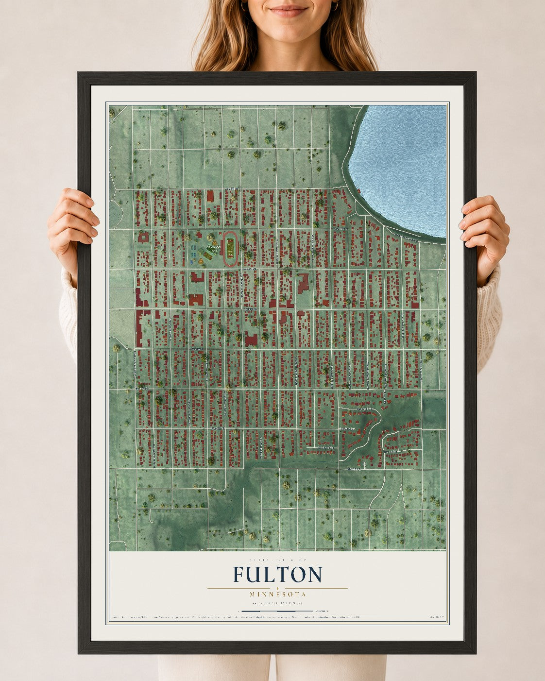 Map of Fulton, Minnesota, 24 x 36 inch print in a black wood frame