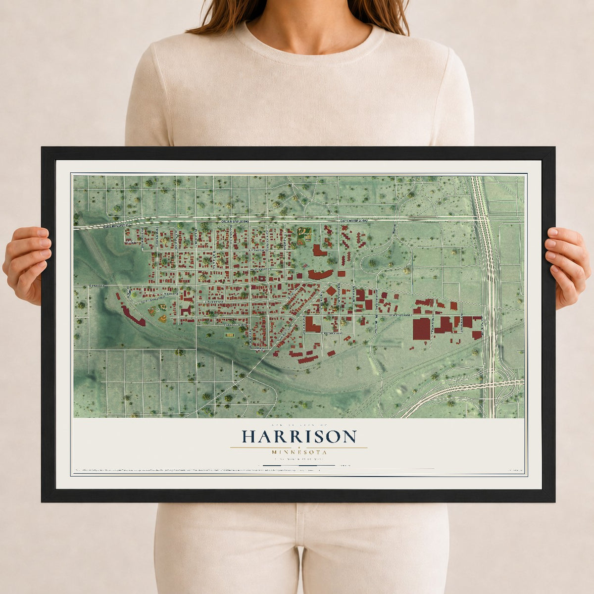 Map of Harrison, Minnesota, 12 x 18 inch print in a black wood frame