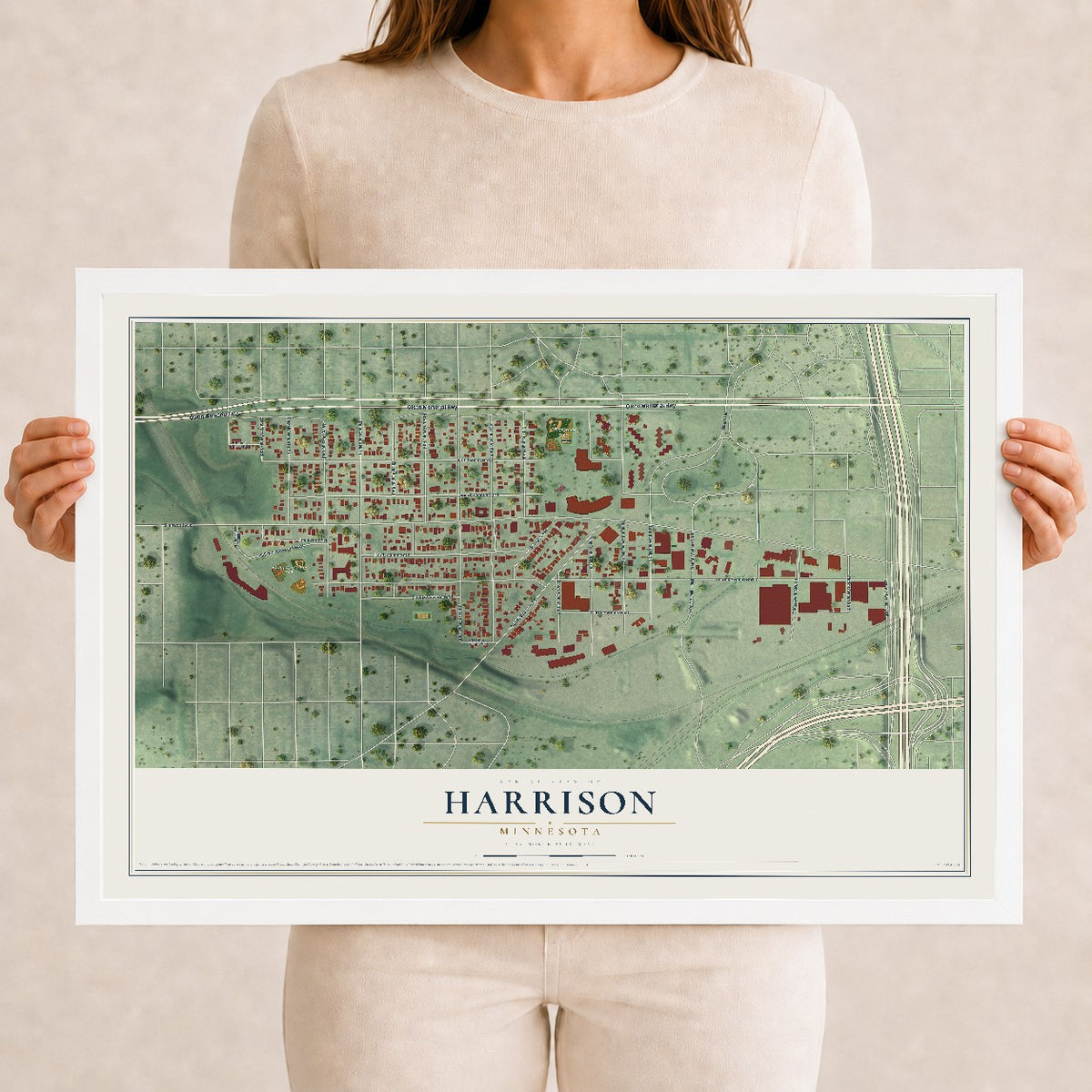 Map of Harrison, Minnesota, 12 x 18 inch print in a white wood frame