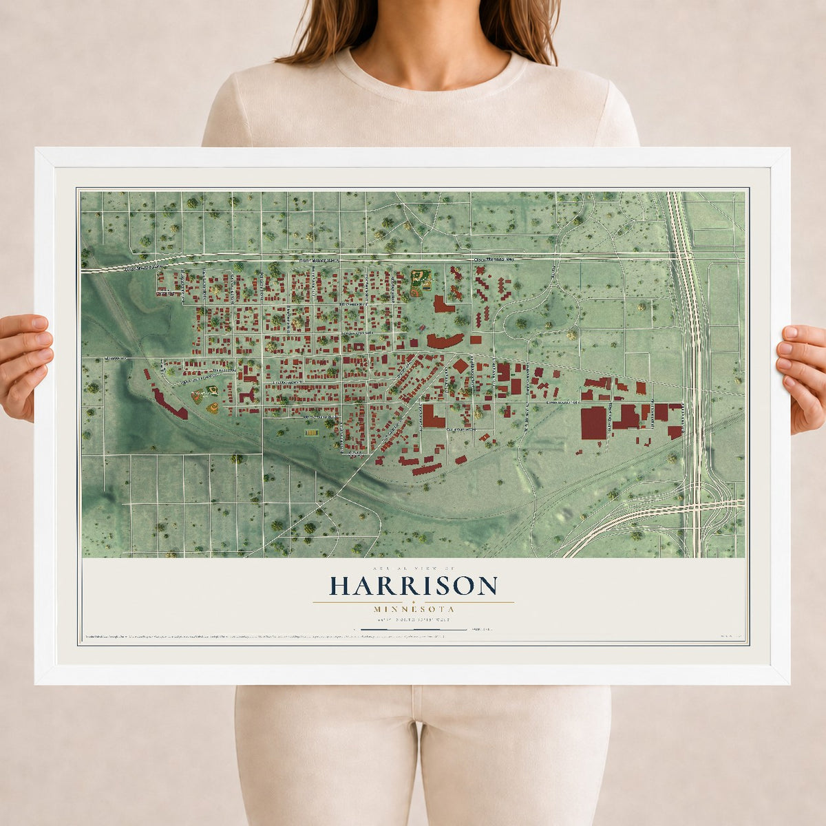 Map of Harrison, Minnesota, 18 x 24 inch print in a white wood frame