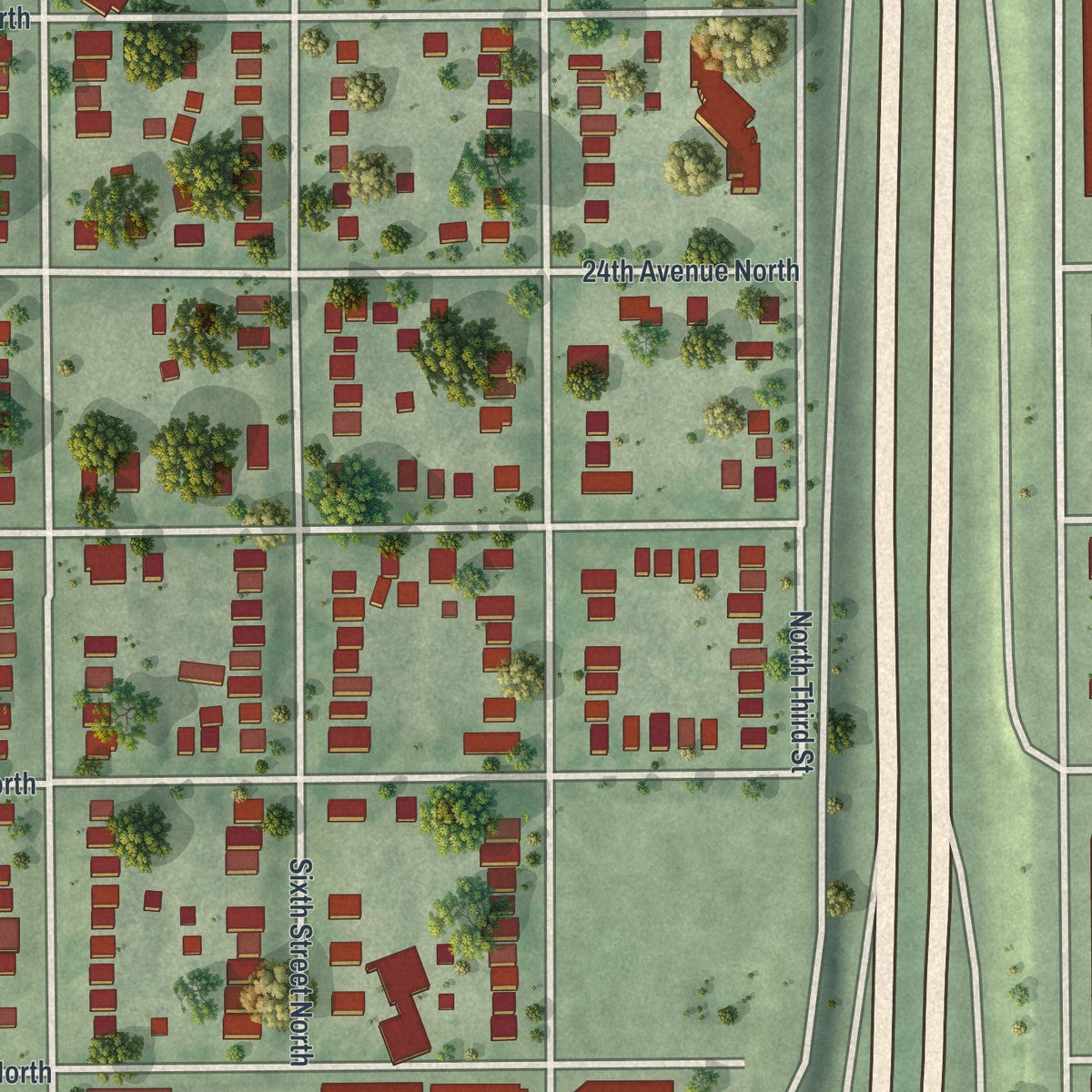 Close-up of the map of Hawthorne, Minnesota print showing street and building detail