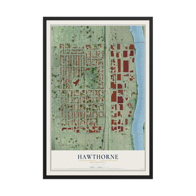 Map of Hawthorne, Minnesota, 12 x 18 inch print in a black wood frame