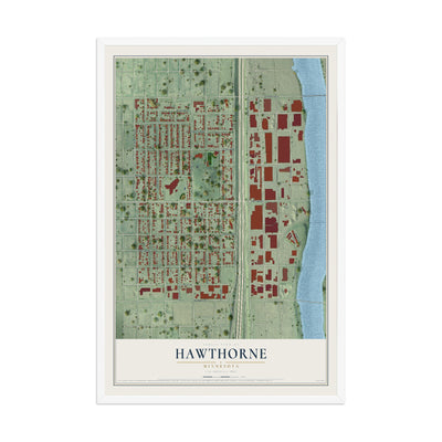 Map of Hawthorne, Minnesota, 12 x 18 inch print in a white wood frame