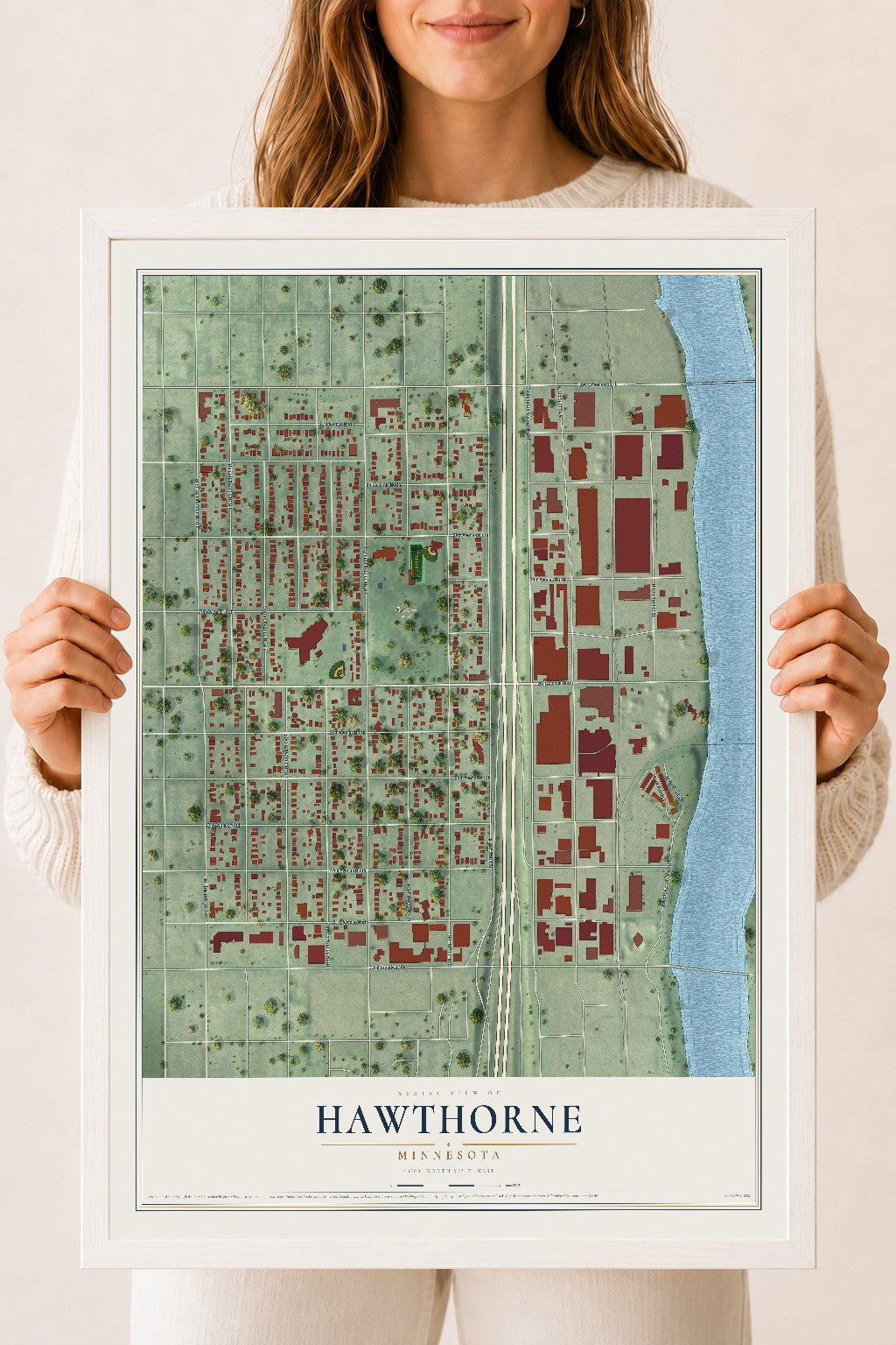 Map of Hawthorne, Minnesota, 18 x 24 inch print in a white wood frame