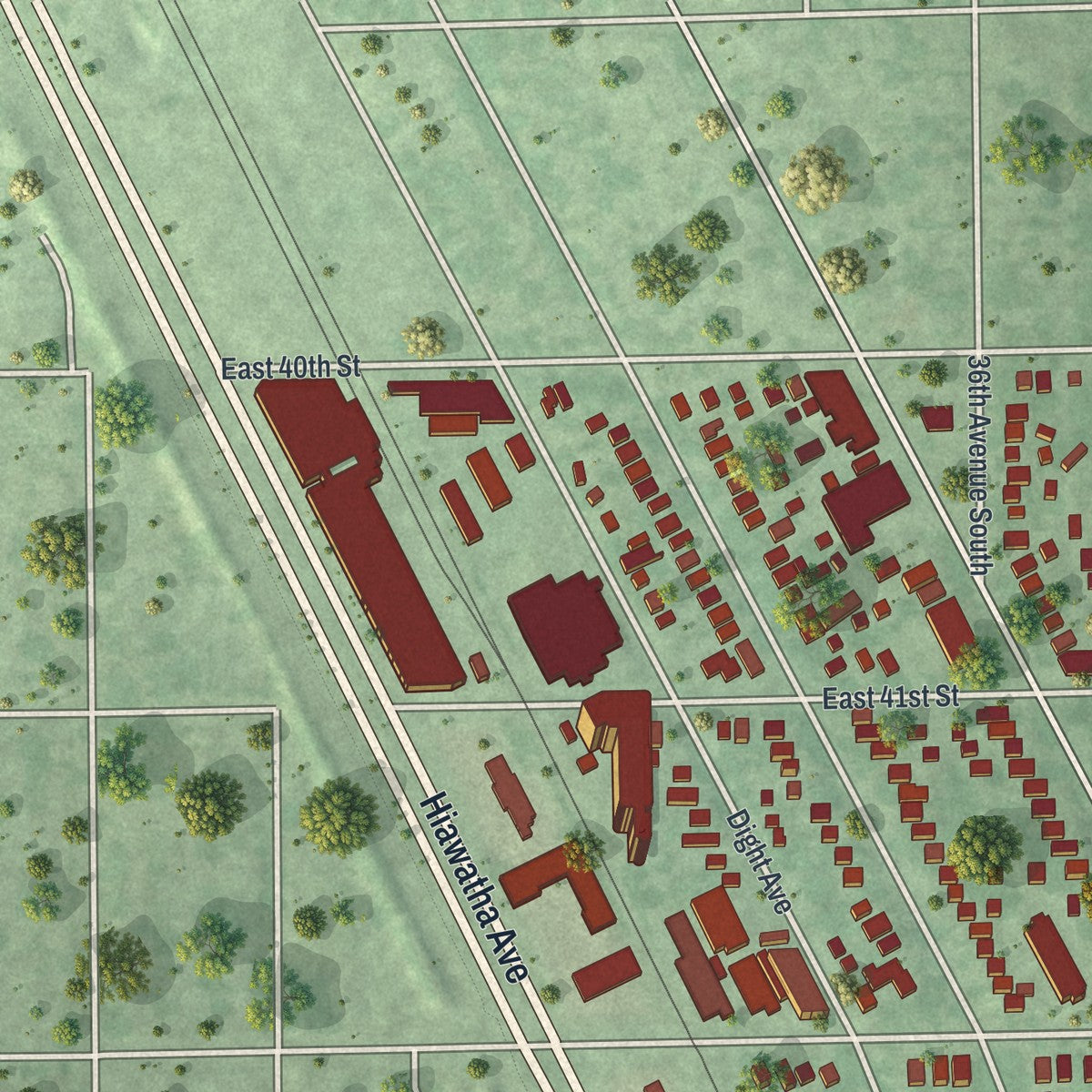 Second close-up of the map of Hiawatha, Minnesota print showing more streets and buildings