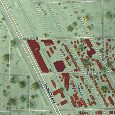 Second close-up of the map of Hiawatha, Minnesota print showing more streets and buildings
