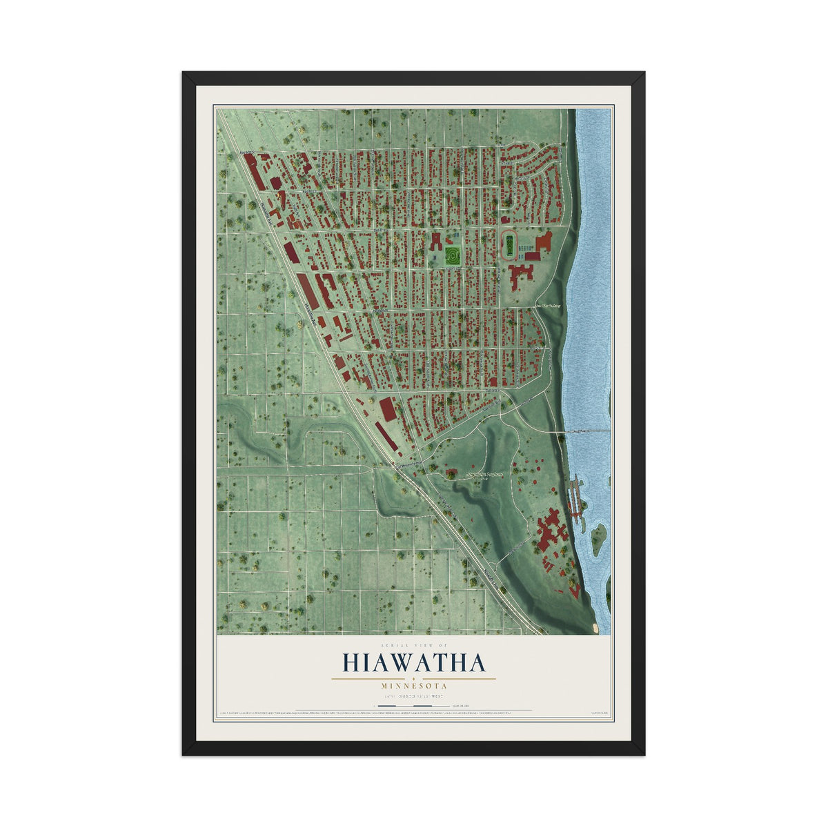 Map of Hiawatha, Minnesota, 12 x 18 inch print in a black wood frame