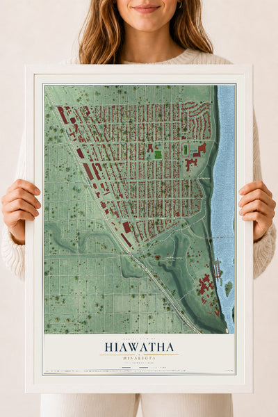 Map of Hiawatha, Minnesota, 18 x 24 inch print in a white wood frame
