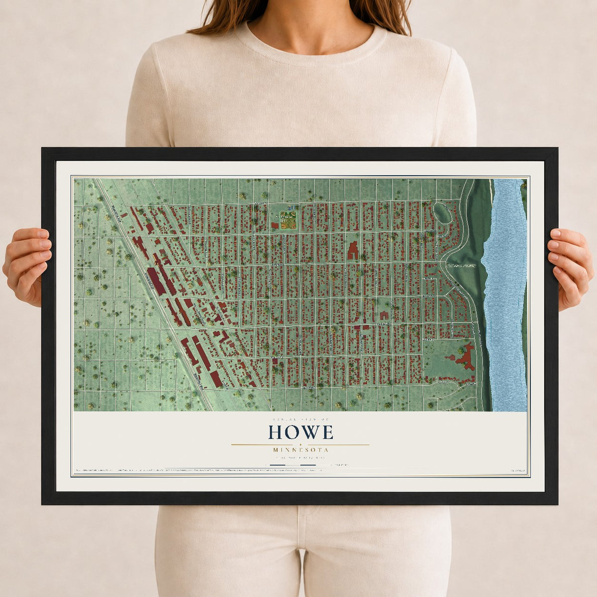 Map of Howe, Minnesota, 12 x 18 inch print in a black wood frame