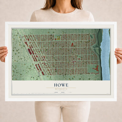 Map of Howe, Minnesota, 18 x 24 inch print in a white wood frame