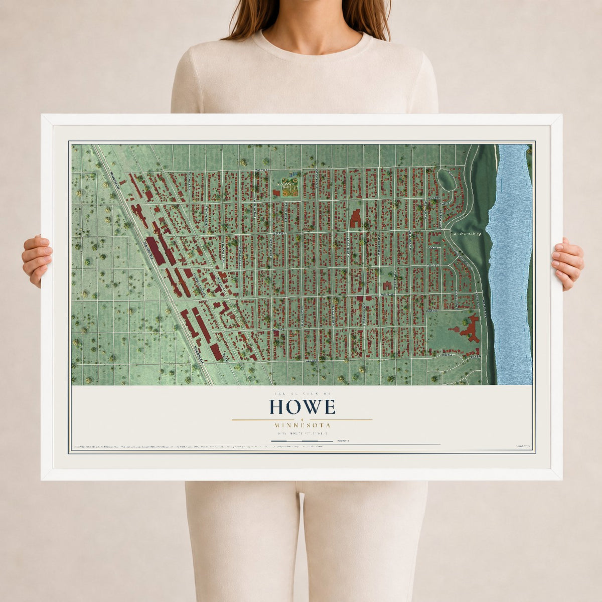 Map of Howe, Minnesota, 24 x 36 inch print in a white wood frame