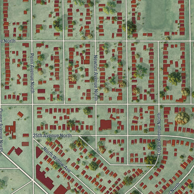 Close-up of the map of Jordan, Minneapolis, Minnesota print showing street and building detail