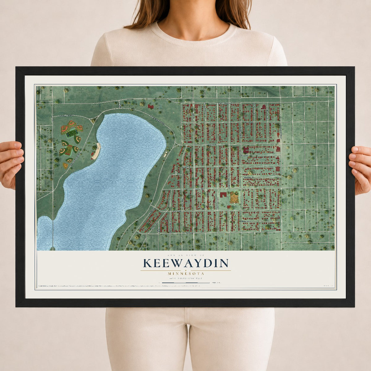 Map of Keewaydin, Minnesota, 18 x 24 inch print in a black wood frame