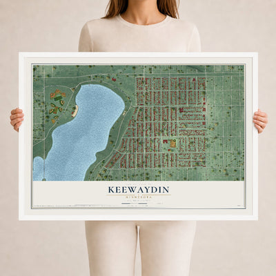 Map of Keewaydin, Minnesota, 24 x 36 inch print in a white wood frame