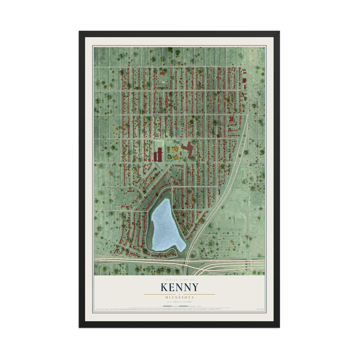 Map of Kenny, Minnesota, 12 x 18 inch print in a black wood frame