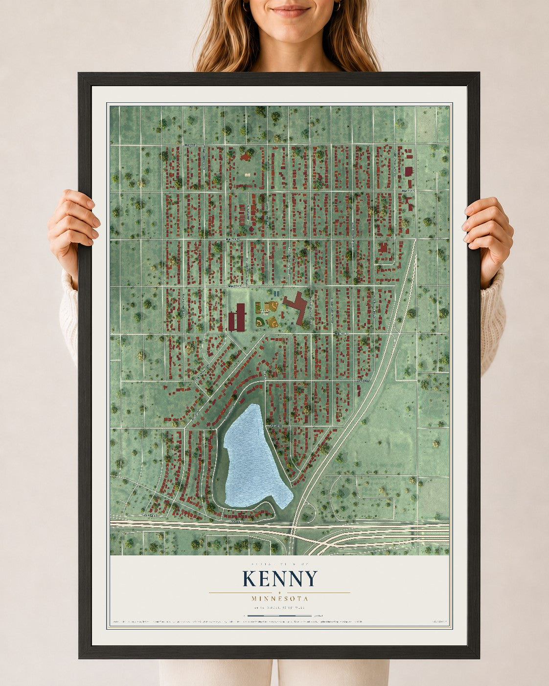 Map of Kenny, Minnesota, 24 x 36 inch print in a black wood frame